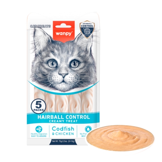 Wanpy Functional Creamy Lickable Treat Hairball Codfish & Chicken 70g (5x14g) - godbid til katte